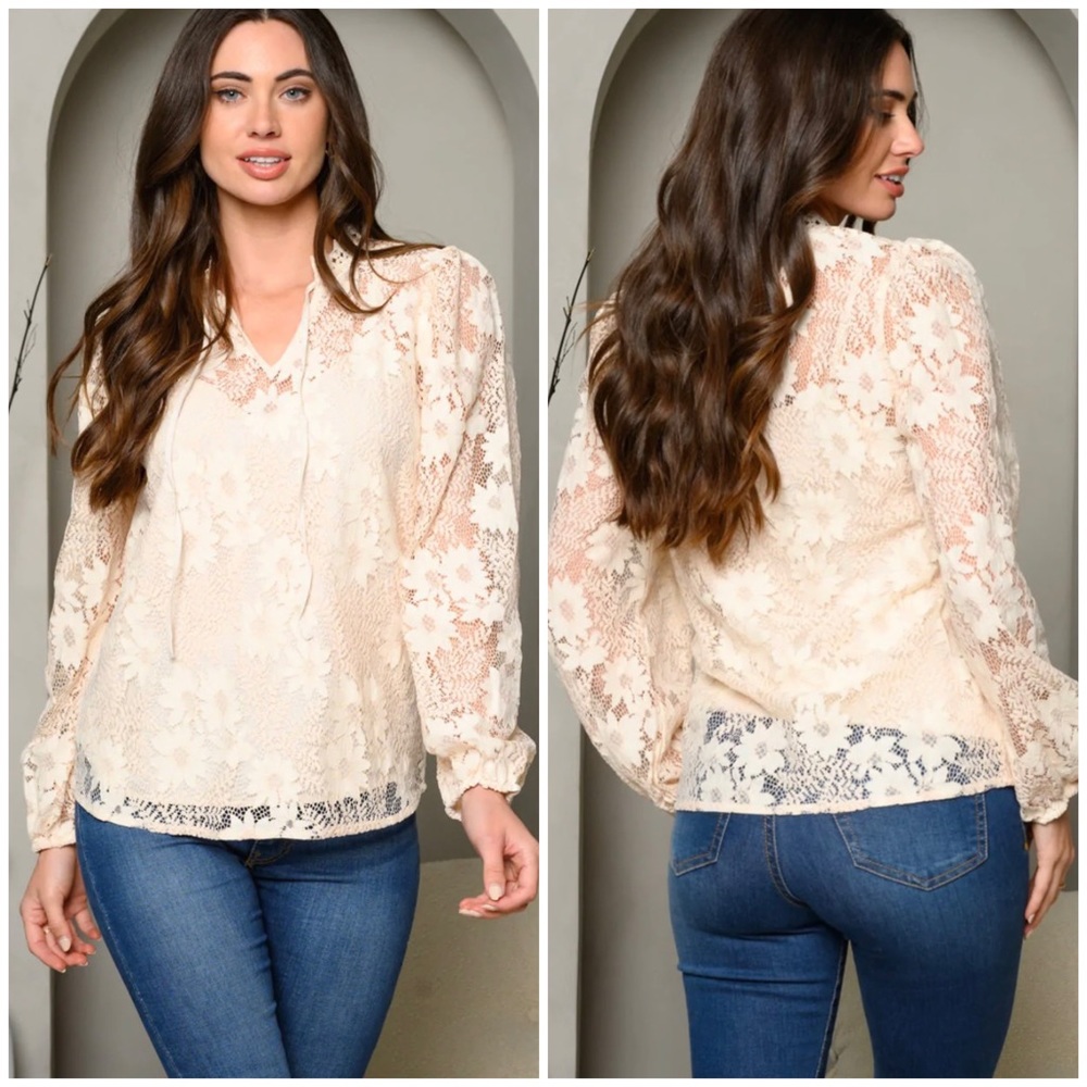 Sugar+Lips Cream Floral Lace Long Sleeves Blouse - Picture 6 of 6